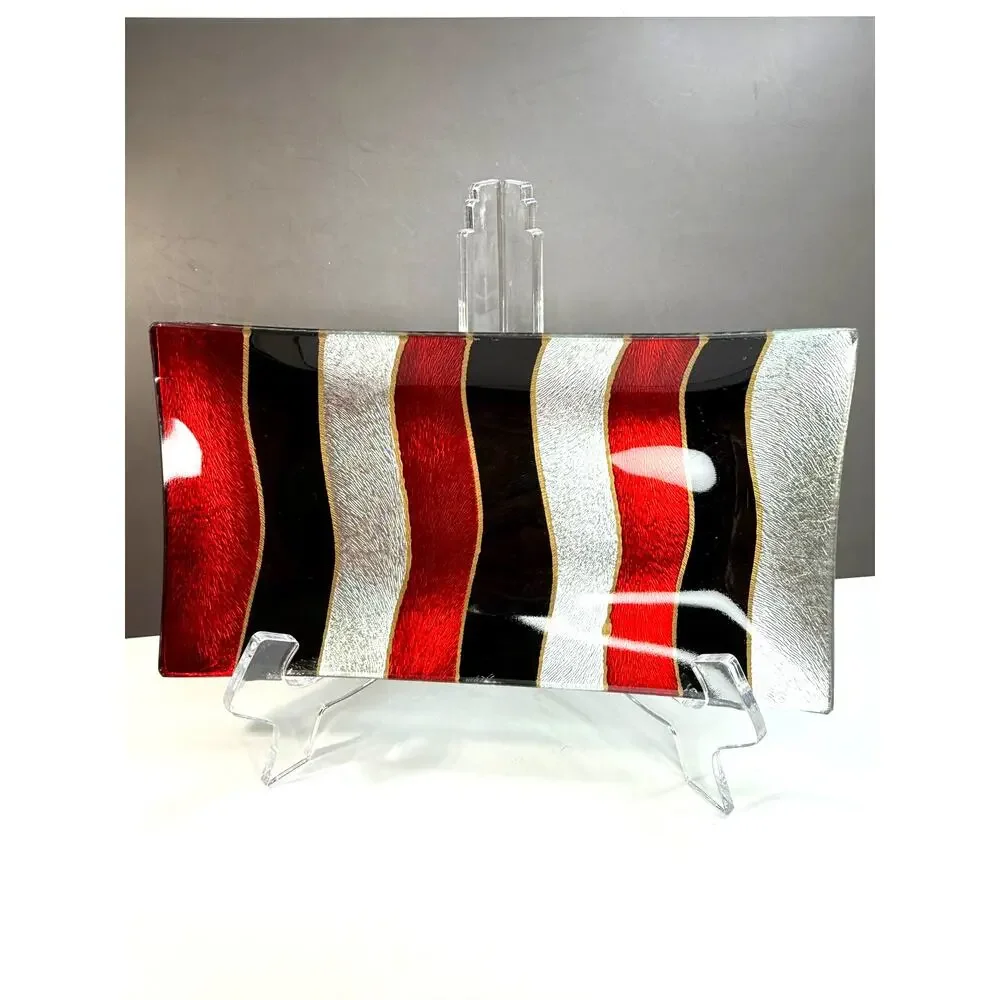 Unmarked Fused Glass Valet Tray Vertical Stripes in Metallic Red Black Silver